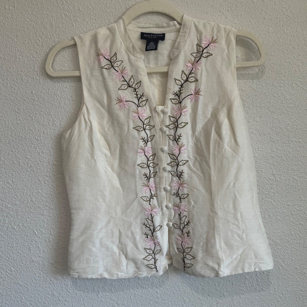 VTG Ann Taylor Petites Cream Embroidered Button Vest Cottagecore Silk‎ Linen Y2K